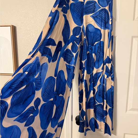 Corey Lynn Calter Blue and Cream Satin Pants - Picture 2 of 6